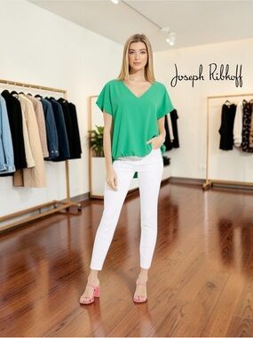 JOSEPH RIBKOFF, Green V-Neck Blouse Elastic Hem Draped Top, Size 12